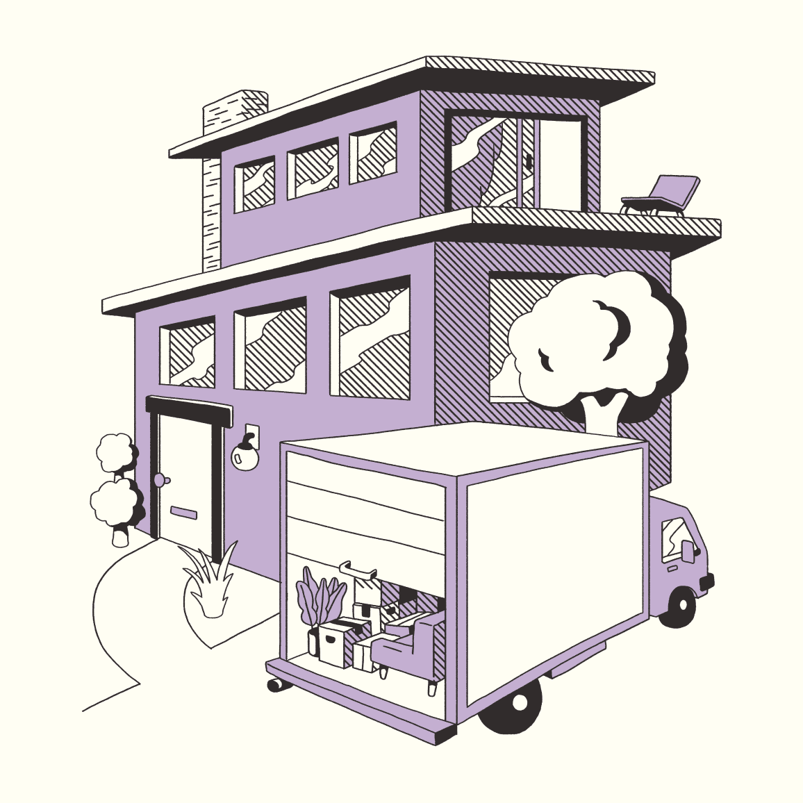 Illustration with a moving truck outside a home